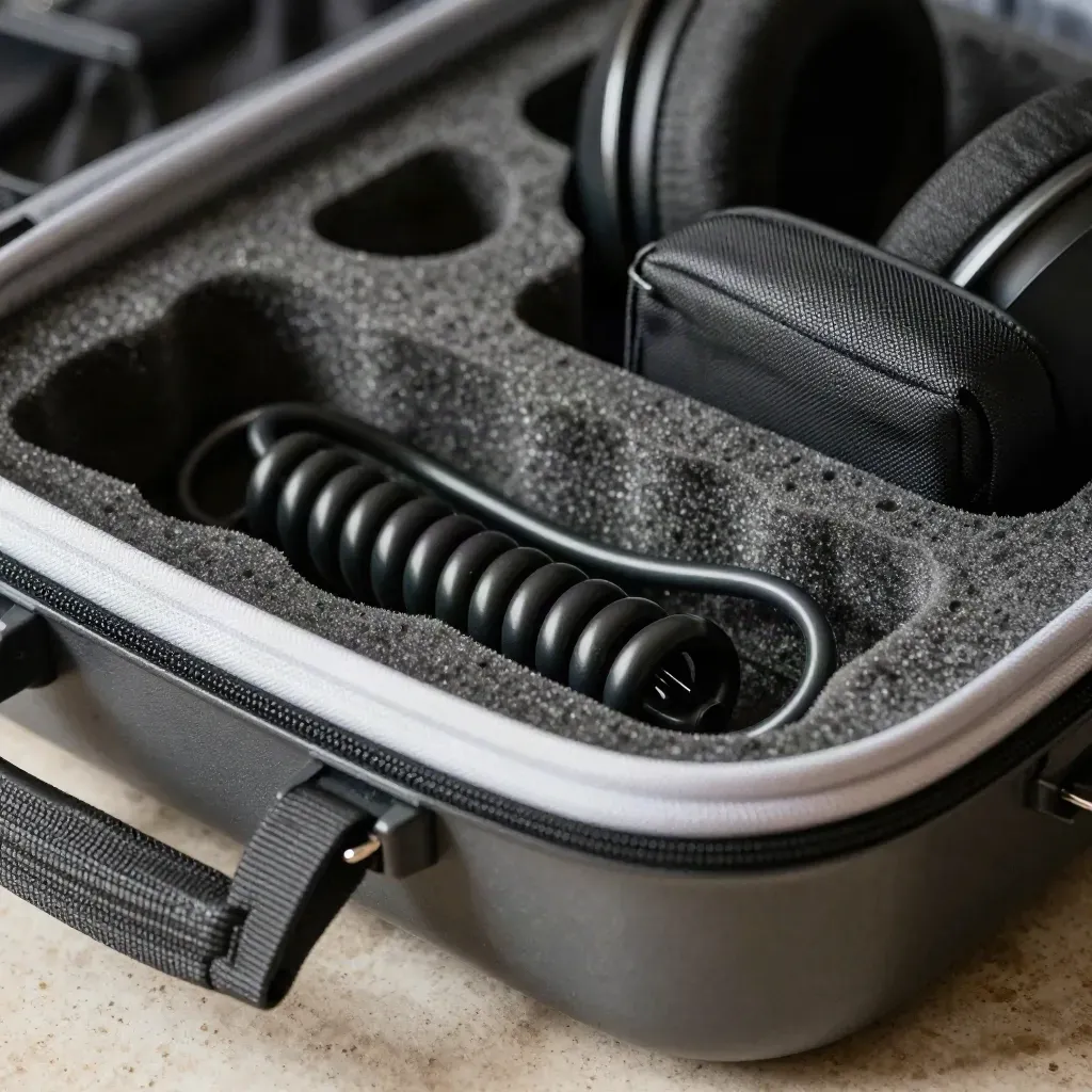 Otevřený cestovní set pro esport s pouzdrem na headset, stočeným kabelem a kapsou na ovladač.