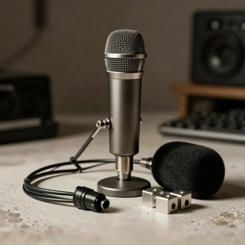 Audio kit pro herní redakci s mikrofonem, klipem a pěnovou ochranou na světlém omítkovém podkladu.