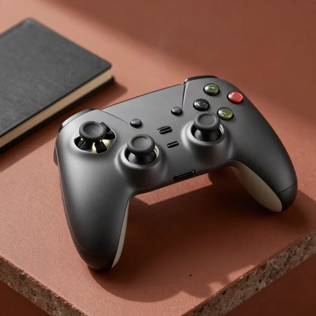 Detail herního gamepadu s pádly, kroužky na páčkách a zavřeným sešitem na tlumeném podkladu.