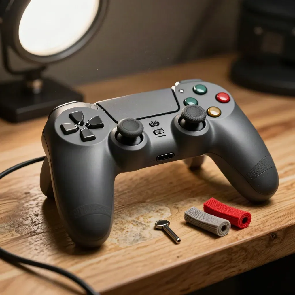 Makro herního gamepadu s páčkami, imbusy a grip páskami na dřevěném stole.